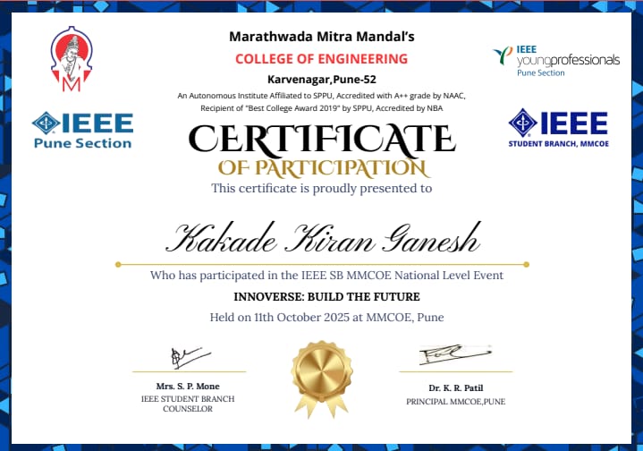 IEEE Hackathon certificate of participation from MMCOE Pune