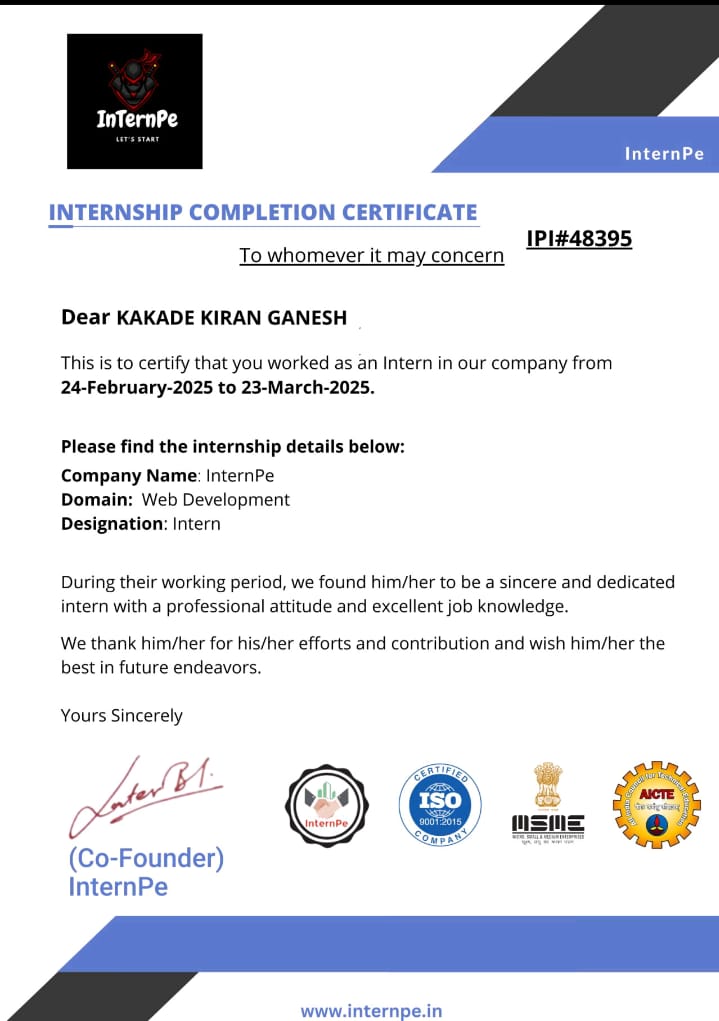 Certificate of completion for Web Development Internship from InternPe