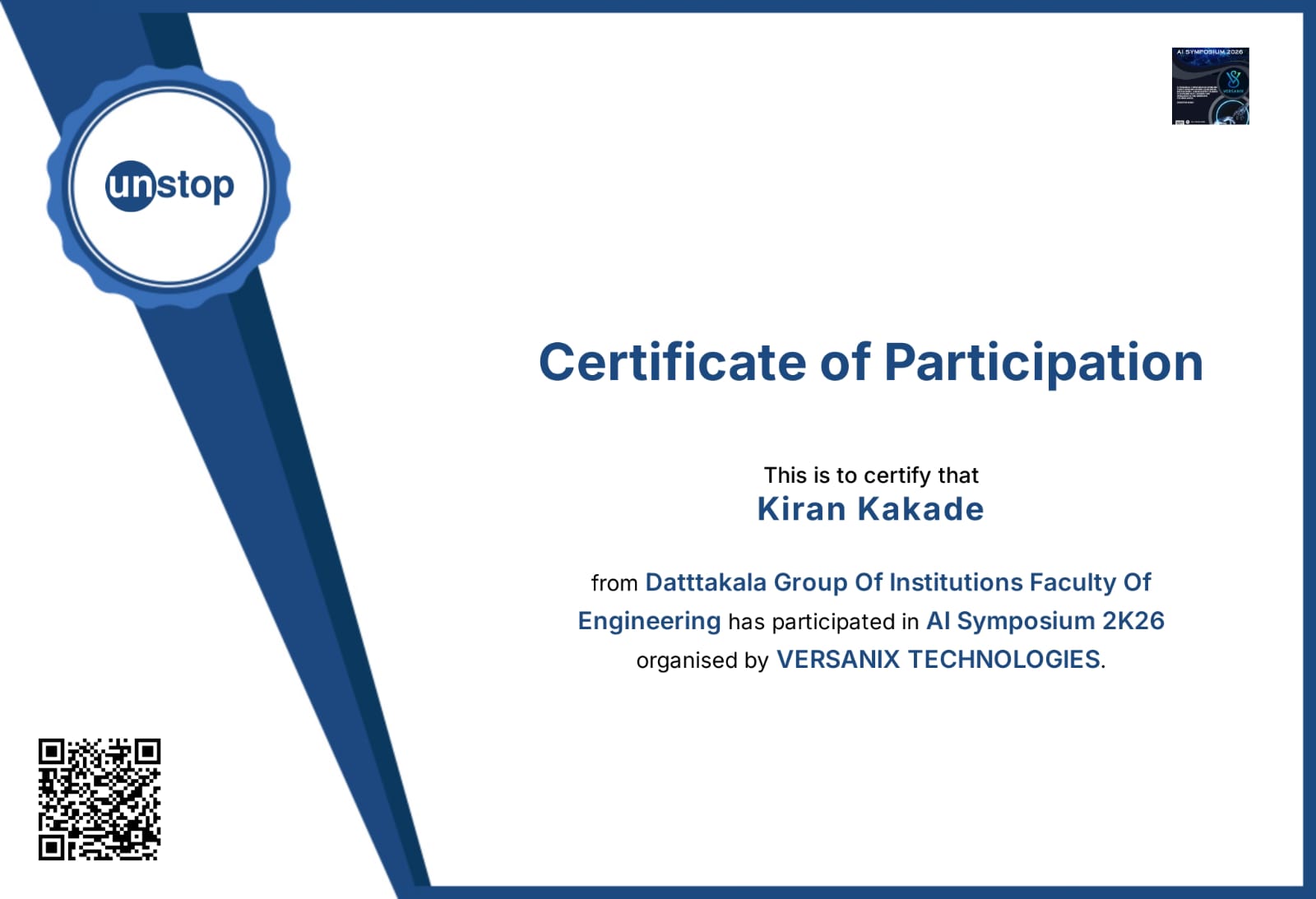 Certificate of participation in Versanix Tech training or seminar issued by Versanix Technologies