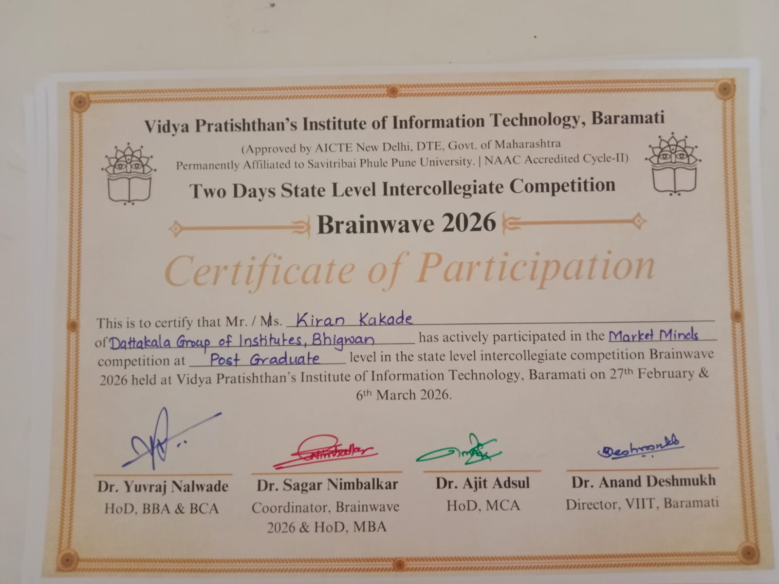 Brainwave 2026 Market Minds competition certificate issued by VIT Baramati