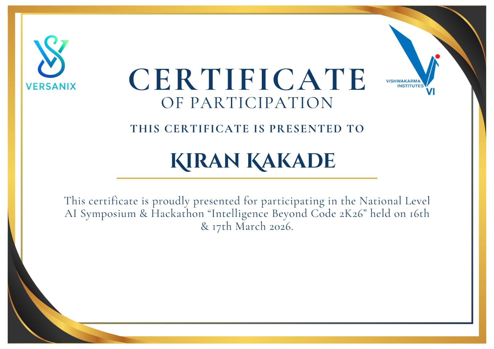 Certificate from the AI Symposium Hackathon event hosted at VIT Pune